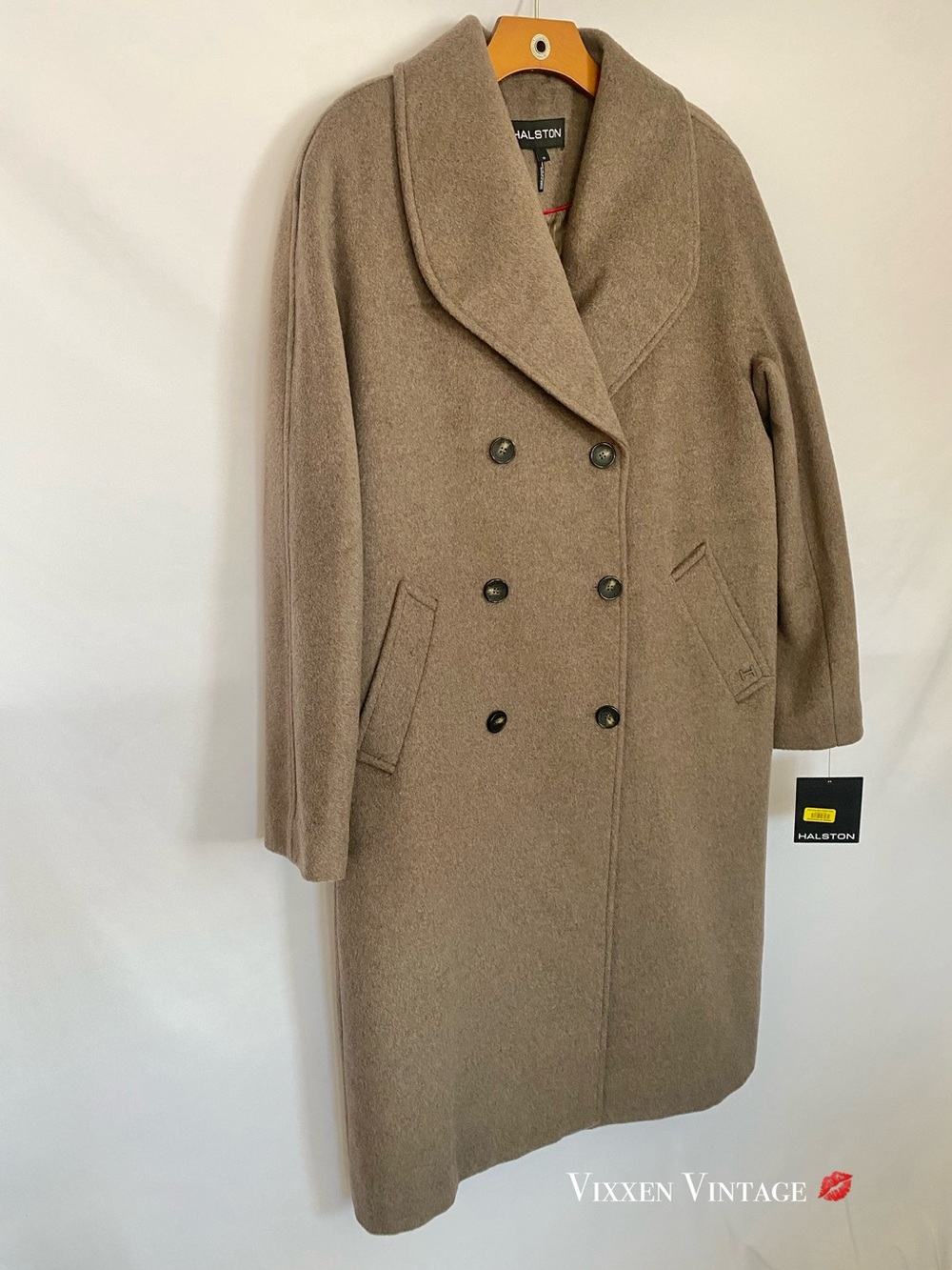 HALSTON 2024 DOUBLE-BREASTED FULL LENGTH WOOL COAT IN TAUPE